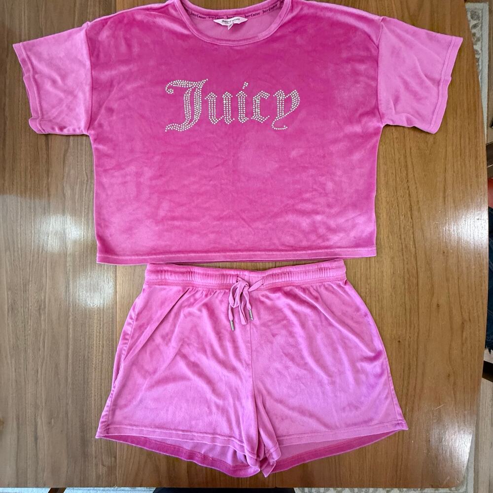 Juicy Couture Sleep Set Size L Velour Rhinestone Boxy Short Sleeve Shorts